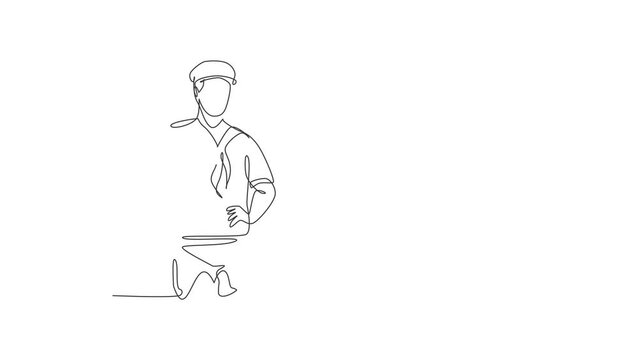 Animated self drawing of continuous line draw young sailor man wearing sailing uniform with hat before have a sail. Professional job profession minimalist concept. Full length single line animation.