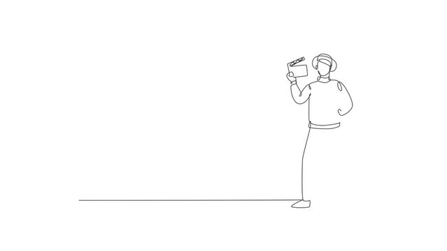 Animated self drawing of continuous line draw young talented male film director pose standing at shooting location. Professional job profession minimalist concept. Full length single line animation.