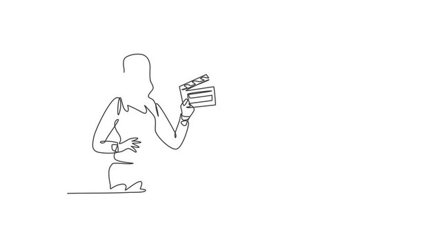 Animated self drawing of continuous one line draw young female film director hold clapper board with hands on hip. Professional job profession minimalist concept. Full length single line animation.
