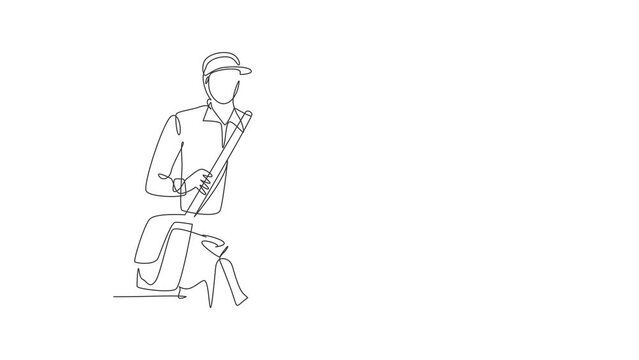 Animated self drawing of single continuous line draw young postman holding envelopes to be sent to customer. Professional work job occupation. Minimalism concept. Full length one line animation.