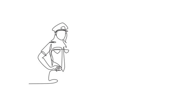 Animated self drawing of continuous one line draw young beauty female police on uniform standing with hands on hip. Professional job profession minimalist concept. Full length single line animation.