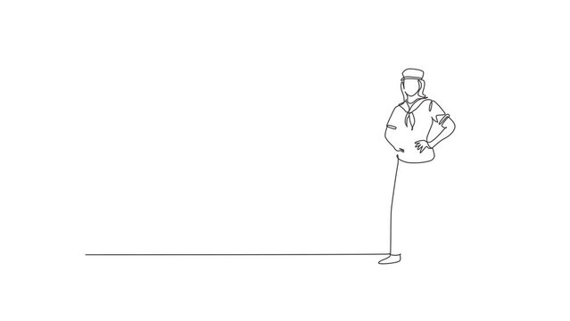 Animated self drawing of continuous line draw young female sailor standing and holding hands on hip. Professional work job occupation. Minimalism concept. Full length one line animation illustration.