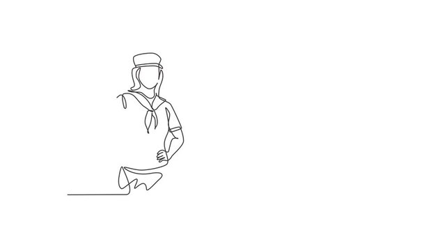 Self drawing animation of single line draw young beauty sailor female posing with hands on hip. Professional work profession and occupation minimal concept. Continuous line draw. Full length animated.