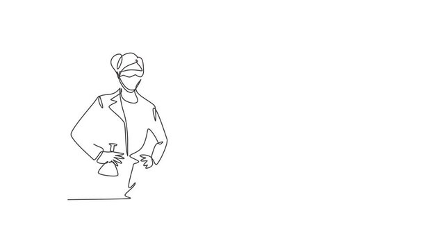 Animated self drawing of single continuous line draw young female scientist holding flask with hands on hip. Professional work job occupation. Minimalism concept. Full length one line animation.