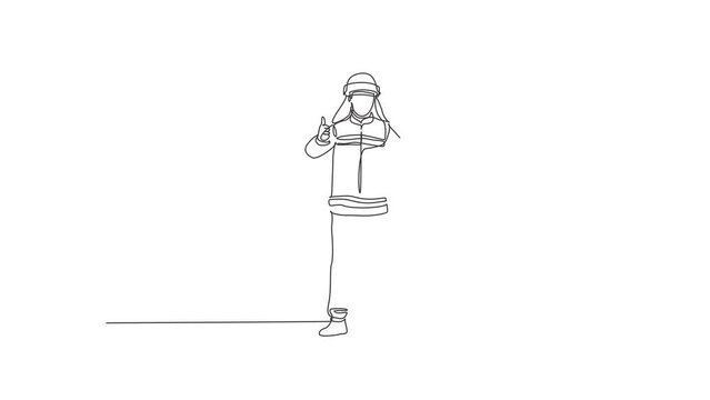 Self drawing animation of single line draw firefighters stood wearing helmets and uniforms complete with a thumbs-up gesture to work to extinguish the fire. Continuous line draw. Full length animated.