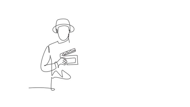 Animated self drawing of continuous line draw the film director with a thumbs-up gesture while holding the clapperboard set the crew for studio shooting. Full length one line animation illustration.