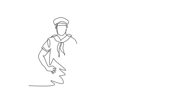 Animated self drawing of continuous line draw a sailor man with a thumbs-up gesture ready to sail across the seas in a ship that is headed by a captain. Full length one line animation illustration.