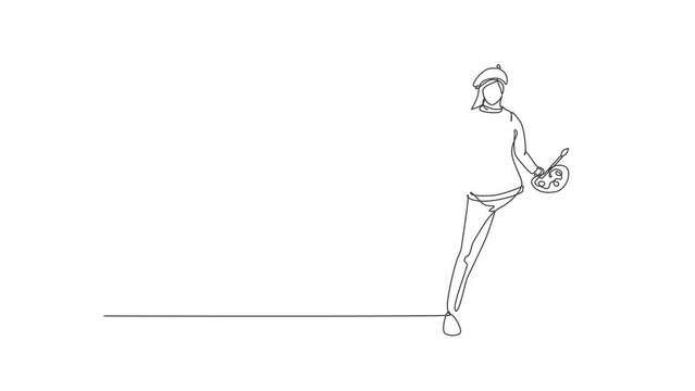 Self drawing animation of continuous line draw woman painter stands with a thumbs-up gesture using a hat and painting tools to produce artwork in her workshop studio. Full length one line animation.