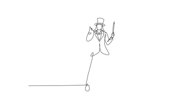 Animated self drawing of continuous line draw female magician stands with thumbs-up gesture wearing a hat and holding a magic wand performing tricks at a circus show. Full length one line animation.