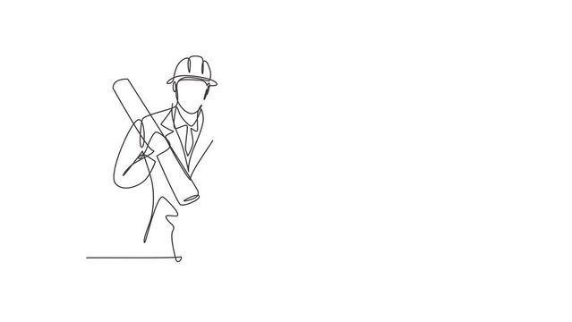 Animated self drawing of single continuous line draw architect with gesture okay and wearing helmet carried building construction drawing paper. Success business. Full length one line animation.