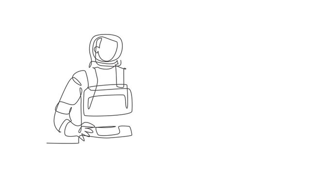 Self drawing animation of single one line draw male astronauts with gesture okay wearing spacesuits to explore outer space in search mysteries of universe. Continuous line draw. Full length animated.