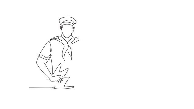 Animated self drawing of continuous line draw sailor man with gesture okay and scarf around his neck ready sail across seas in a ship headed by captain. Success job. Full length single line animation.