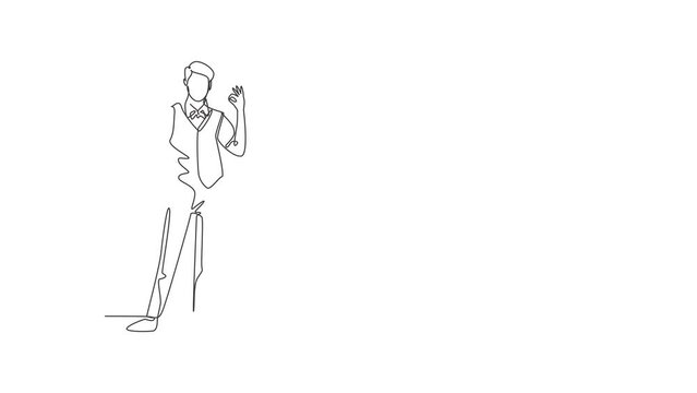 Self drawing of single line draw steward stands in uniform with gesture okay prepare at the airport with the crew flying to their destination. Continuous line draw. Full length animated illustration.