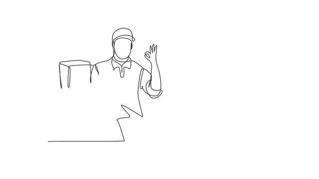 Animated self drawing of single continuous line draw delivery man with gesture okay, carrying the package box to be delivered to customers with the best service. Full length one line animation.