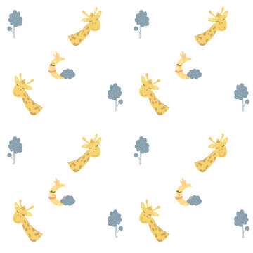 Cute childish seamless pattern for textiles, wallpapers, clothes, stationery. cartoon dinosaurs, giraffes, deer on a funny pattern.