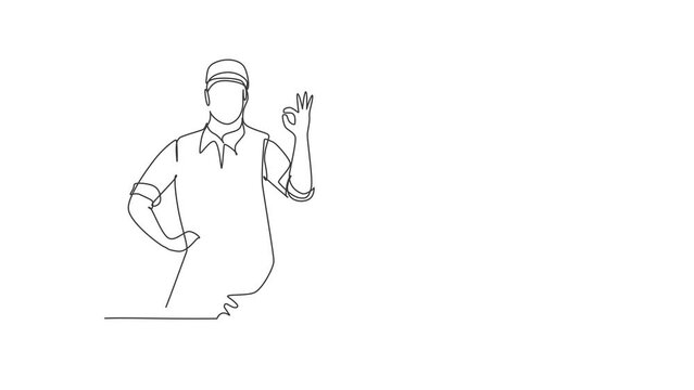 Animated self drawing of continuous line draw handyman with gesture okay ready to work on repairing the damaged part of house. Professional work. Success business. Full length single line animation.
