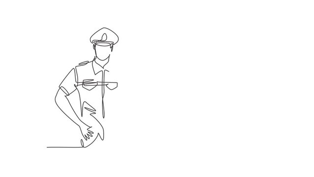 Animated self drawing of single continuous line draw policeman with gesture okay and full uniform is ready to enforce traffic discipline on highway. Standby patrol. Full length one line animation.