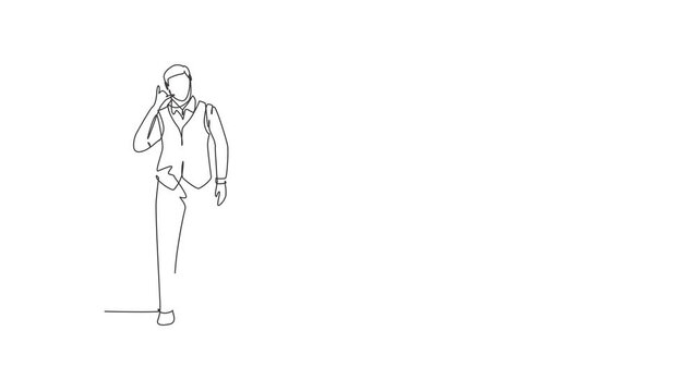 Self drawing animation of single one line draw steward stands in a uniform with call me gesture prepare at airport with the crew flying to their destination. Continuous line draw. Full length animated