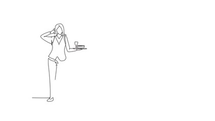 Animated self drawing of continuous line draw waitress stood up with call me gesture and brought tray of drinking glasses to offer restaurant guests. Successful job. Full length one line animation.