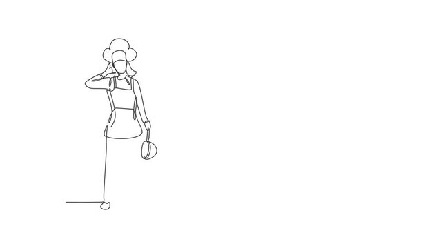 Self drawing animation of single line draw female chef stands with call me gesture, holding pan, wearing cooking uniform prepares ingredients to cook dishes. Continuous line draw. Full length animated
