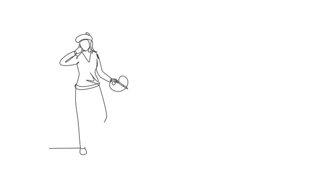 Animated self drawing of continuous one line draw female painter stands with call me gesture using a hat and painting tools to produce artwork in her workshop studio. Full length single line animation