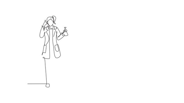Animated self drawing of continuous line draw female scientist stands with call me gesture and holding measuring tube filled with chemical liquid. Success business. Full length single line animation.