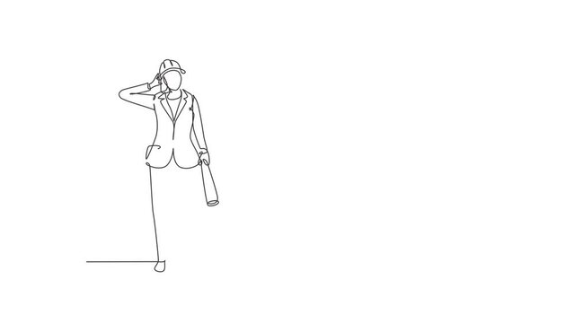Animated self drawing of single continuous line draw female architect stood with call me gesture and wearing helmet carrying blueprint for the building's work plan. Full length one line animation.