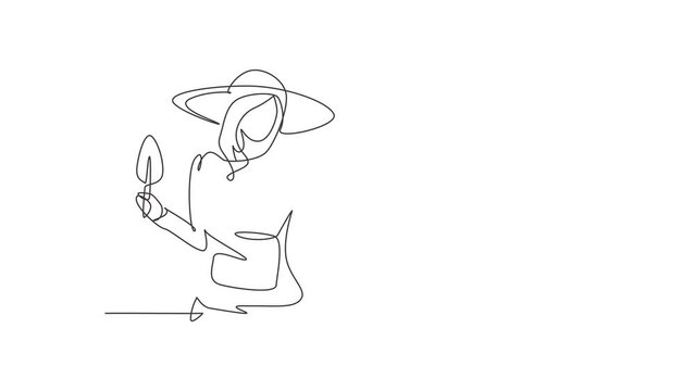 Self drawing animation of single line draw female farmer with call me gesture wearing straw hat, carrying mini shovel to work on the farm. Success business. Continuous line draw. Full length animated.