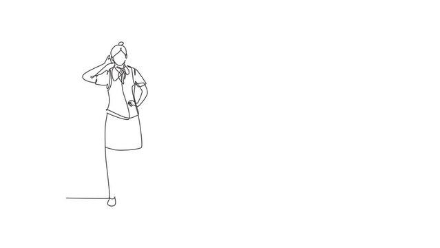 Animated self drawing of single continuous line draw flight attendant stands with call me gesture, uniform, prepare at airport with crew flying to their destination. Full length one line animation.