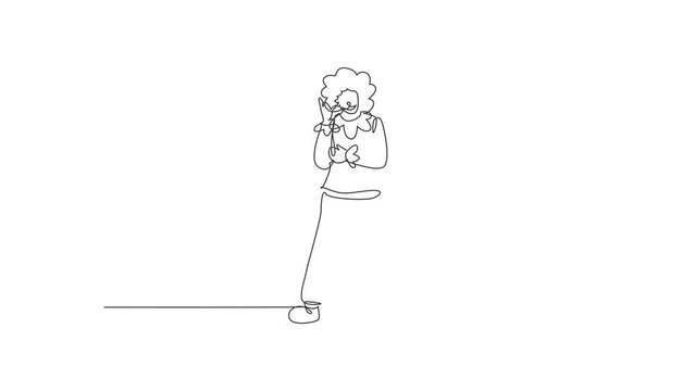 Animated self drawing of continuous line draw female clown stands with call me gesture wearing wig and clown costume ready to entertain the audience in circus arena. Full length single line animation.