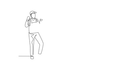 Self drawing animation of single line draw plumber stands with celebrate gesture and holding carpentry tool fixing broken plumbing home. Success business. Continuous line draw. Full length animated.