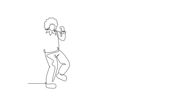 Self drawing animation of single one line draw clown stands with celebrate gesture wearing wig and clown costume ready to entertain audience in circus arena. Continuous line draw. Full length animated