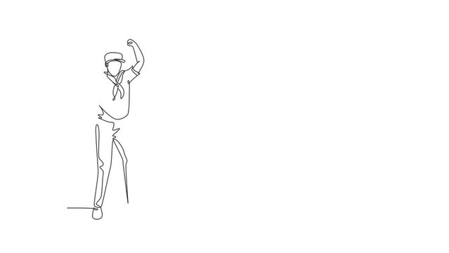 Animated self drawing of single continuous line draw sailor man stands with celebrate gesture and scarf join cruise ship carrying passengers traveling across seas. Full length one line animation.