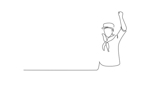 Animated self drawing of single continuous line draw sailor man with celebrate gesture and scarf around his neck ready sail across seas in a ship headed by captain. Full length one line animation.