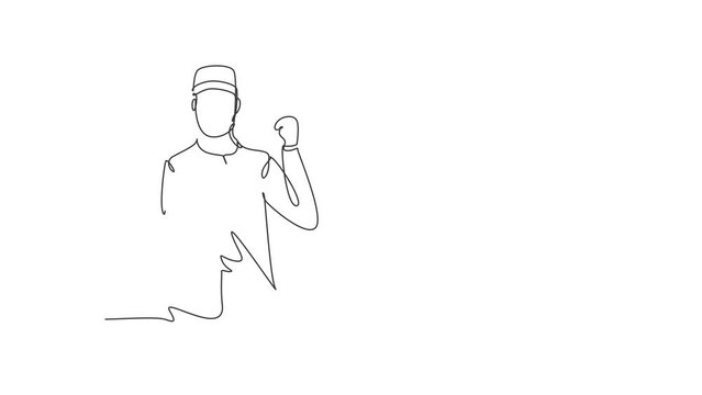 Animated self drawing of continuous line draw hotel doorman with celebrate gesture and neat uniform. Serve guests friendly and warm manner. Professional work concept. Full length single line animation