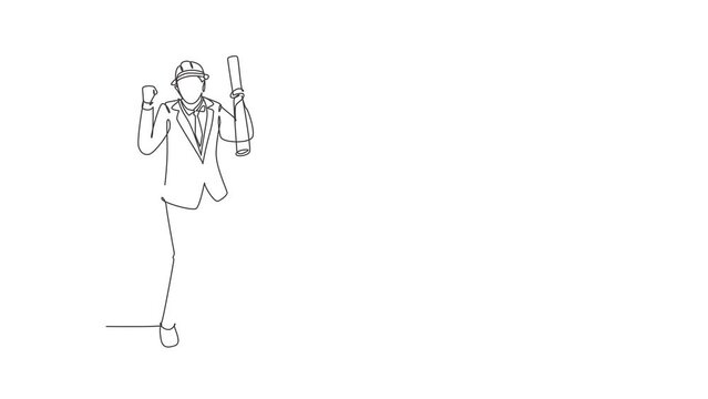 Self drawing animation of single line draw architect stood, celebrate gesture, wearing helmet carrying blueprint for the building's work plan. Success job. Continuous line draw. Full length animated.