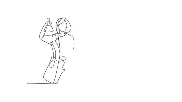 Self drawing animation of single line draw female scientist with celebrate gesture and holding measuring tube to examining chemical solution to make vaccine. Continuous line draw. Full length animated