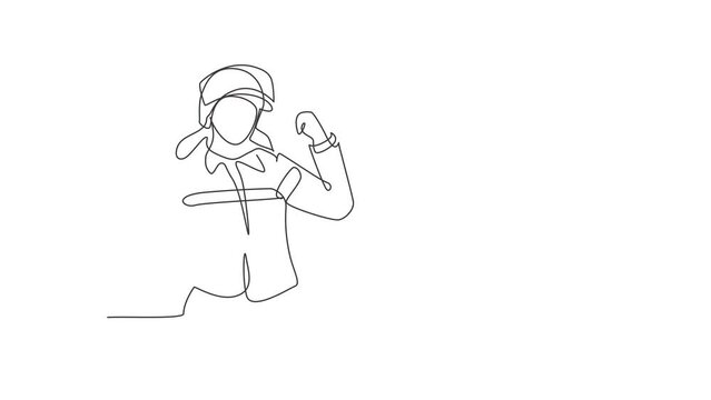 Self drawing animation of single line draw firefighter with celebrate gesture, uniform and wearing helmet prepare to put out the fire that burned building. Continuous line draw. Full length animated.