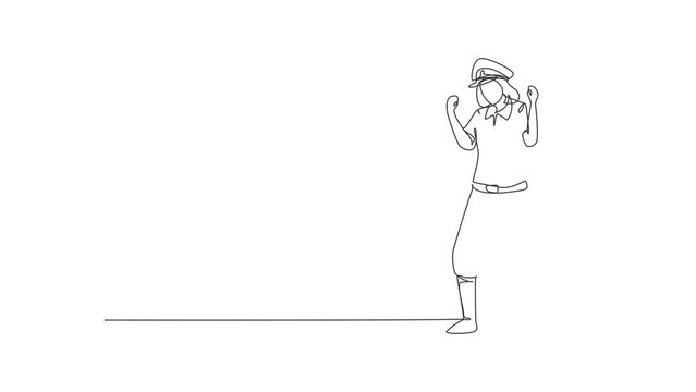 Animated self drawing of continuous line draw policewoman standing with celebrate gesture and uniform works to control vehicle traffic on highway. Standby on patrol. Full length single line animation.