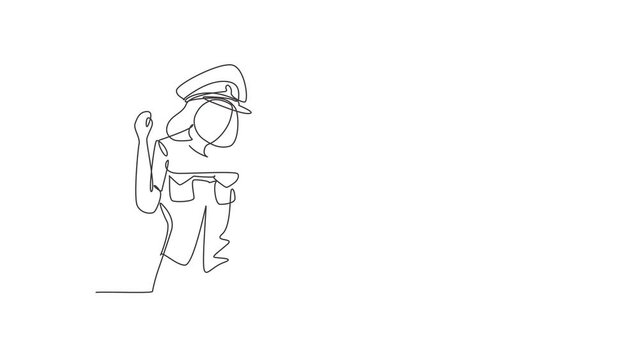 Animated self drawing of continuous line draw policewoman with celebrate gesture and full uniform is ready to enforce traffic discipline on highway. Standby patrol. Full length single line animation.