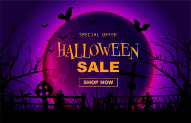 Halloween sale banner spooky cartoon background, full moon cemetery and flying bats. 