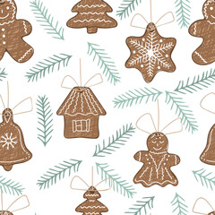 Seamless pattern with hand drawn gingerbreads and branches of christmas tree. Ideal for fabric, printing, decoration. Christmas pattern. Vector illustration