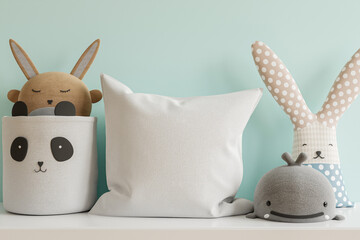 Mockup pillow in the children's room on light blue colors wall background.
