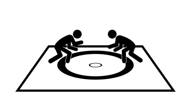Stick figure wrestlers in the rack, flat vector illustration.