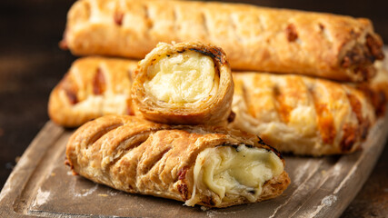 Cheese and onion puff pastry rolls. Vegetarian food, snack
