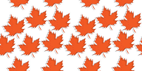 Spotted leaves and black line, One line pattern, autumn seamless template with autumn leaves, berries and in a fashionable style. Background of leaves, and rowanberries for fabric, wallpaper or gift w