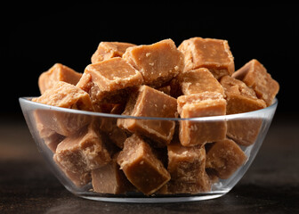 Home made All butter caramel fudge in glass bowl