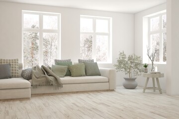 White living room with sofa and winter landscape in window. Scandinavian interior design. 3D illustration