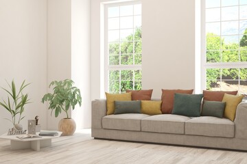 White living room with sofa and summer landscape in window. Scandinavian interior design. 3D illustration