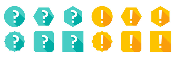 Question mark Icon Set, FAQ sign, Help symbol. Exclamation mark Icon Set, Attention sign, Caution icon, Hazard warning symbol. Light blue and Yellow style.